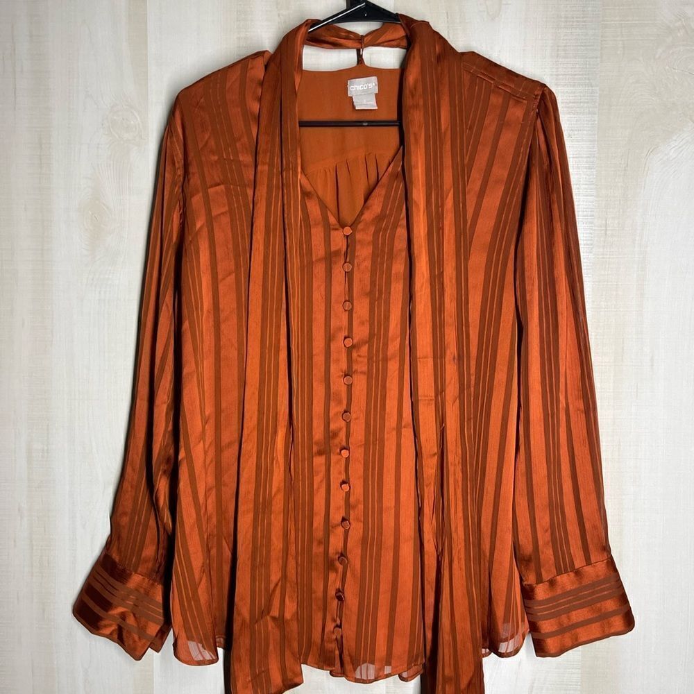 Chico’s rust color blouse‎ button front with scarf, size 2, size 12/14.
